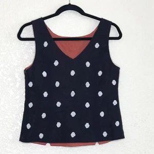 Anthropologie Tank Top Women Size 6 Odille Navy White Beaded Polka Dot - Picture 1 of 10