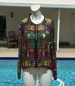 VINTAGE Riazee Boutique MEHRFARBIGE STARK PAILLETTEN & PERLEN JACKE Gr. 10/12 - Bild 1 von 11