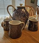 Artist Made Pottery Teapot Set with Four Coffee Mugs Blue & White OOAK