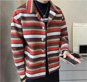 Men's Spring Fashion Lapel Long Sleeve Loose Stripe Jackets Casual Wool Coats - Picture 1 of 14
