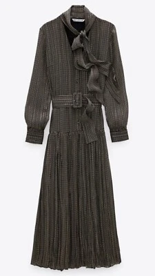 100% Подлинный ZARA коричневый металлический напечатано оборки длинное платье с ремнем размер: XS - Изображение 1 из 4