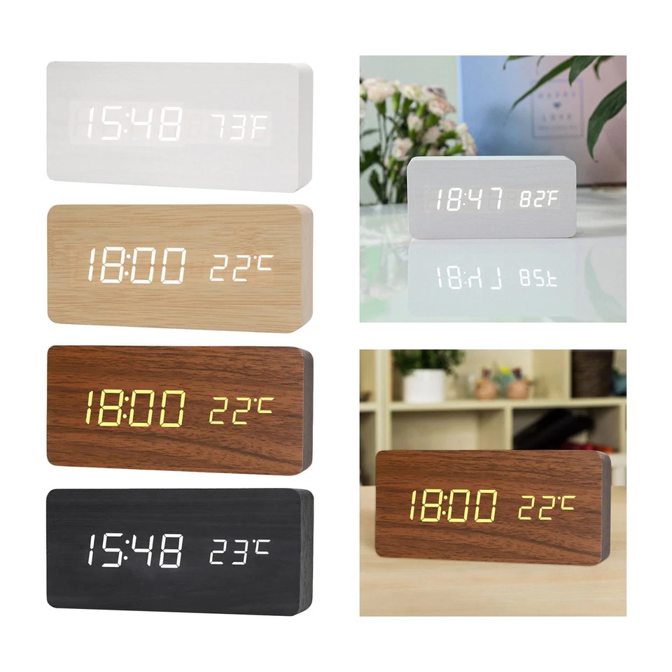 Modern Digital Alarm Clock ,3 Alarm Setting ,Wooden Temperature Date Display, - Image 1 of 1