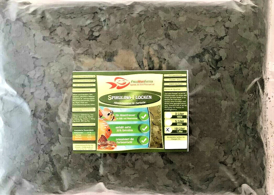 Spirulina 30% Flocken 10L BEUTEL 1,6 kg Futter Fischfutter Algen Barsch Aquarium - Bild 1 von 1