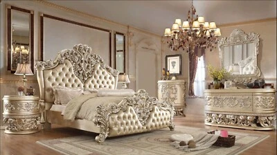 Victorian Style Champagne Ornate Curved Leaf Finish Cal King Bed - Image 1 of 4