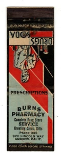 BURNS APOTHEKE Streichholzschachtel Streichholzhülle - AUBURN, KALIFORNIEN - Bild 1 von 2
