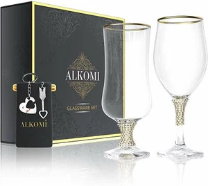 Luxury Mr & Mrs Wine Glass Set w/Bonus Keychains - Picture 1 of 7