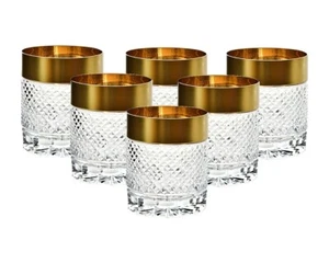 Tschechisch Böhmisches Kristallglas Handarbeit - Whiskyglas - 6 Stck. Gold und Schnitt - Bild 1 von 1