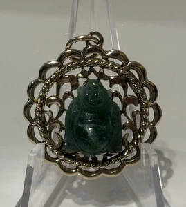 Wells Sterling Silver Round Pendant Hand Carved JADE BUDDHA Charm Gold Wash? - Picture 1 of 14
