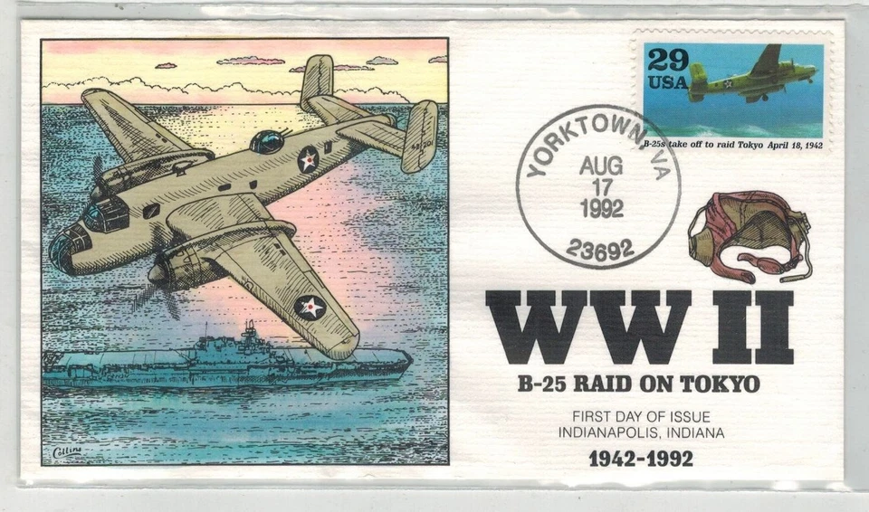 WW2 Patriotic FDC COLLINS HANDPAINTED 1992 YORKTOWN VIRGINIA B-25 RAID ON TOKYO - Image 1 of 1
