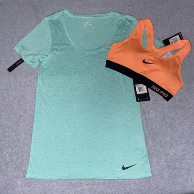 Nike Bundle XS Dri-Fit Scoop Neck Tee Green + Nike Sports Pro Bra Orange Active - Image 1 of 4