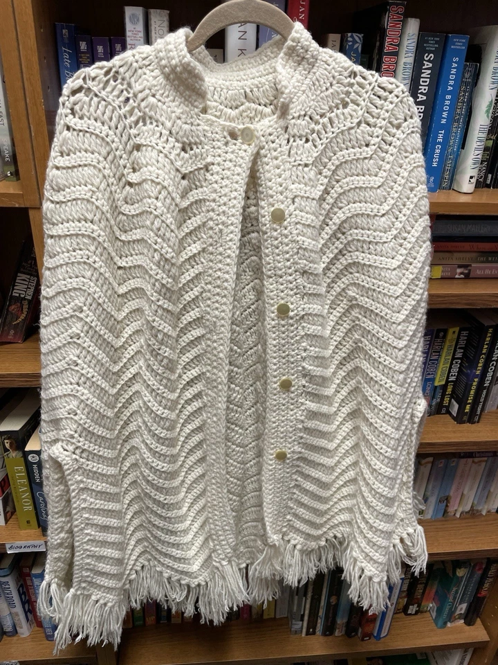 Vintage Hand Crochet Poncho Shawl W Buttons Chevron Pattern Ivory Off White 70s - Image 1 of 1