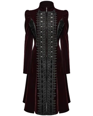 Punk Rave Womens Gothic Velvet Embellished Mid Length Military Coat - Red - Image 1 of 4
