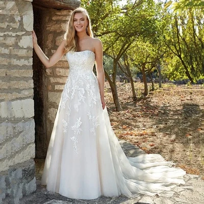 Plus Size Strapless Lace Wedding Dress Court Train Bride Princess Bridal Gown - Image 1 of 4