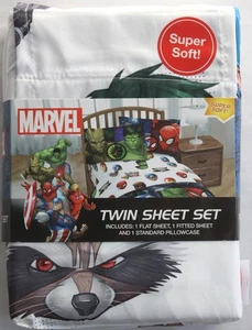 Marvel Twin Sheet Set 3-Pc Flat/Fitted/Pillowcase Polyester Avengers Characters - Picture 1 of 2