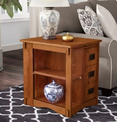 Mesa auxiliar clásica de madera gabinete lateral con estantes abiertos mesita de noche estilo misión Foto 1 de 4