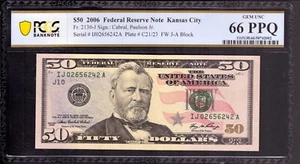 2006 $50 FEDERAL RESERVE NOTE KANSAS CITY FR.2130-J IJA BLOCK PCGS B GEM 66 PPQ - Picture 1 of 2