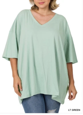 Zenana  2X Cotton Oversized Drop Shoulder Boxy Boyfriend V Neck Tee Top Lt Green - Image 1 of 3