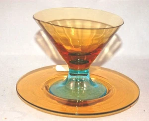 Splendido Sherbet e sottopiatto Steuben in vetro artistico ambra/turchese! - Foto 1 di 3