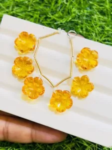 13mm Natural Citrine Hand Carved Flowers Gemstone Beads For Jewelry Making 6 Pcs - Picture 1 of 4
