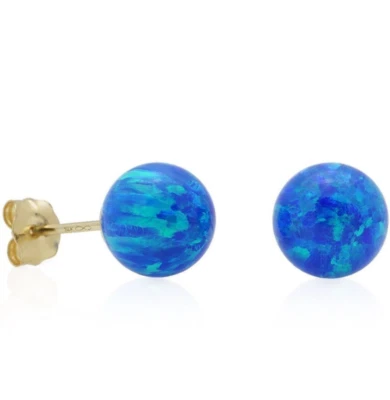 14K Yellow Gold Blue Opal Ball Butterfly Push Back Stud Earrings 7mm - Image 1 of 3