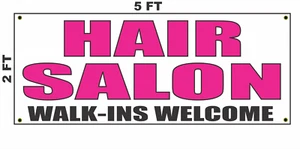 HAIR SALON WALK-INS WELCOME Banner Sign 2x5 Bright Magenta Pink - Picture 1 of 1