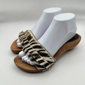 Vtg Y2K Sanita Wooden Sandals Mules Womens 7.5-8 Brown Animal Print Calf Hair - Picture 1 of 11
