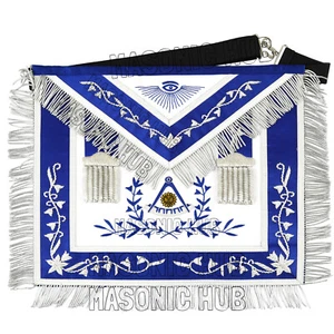 Masonic Past Master Hand Embroider 100% Lambskin Apron With Blue Silk + Silver - Picture 1 of 5