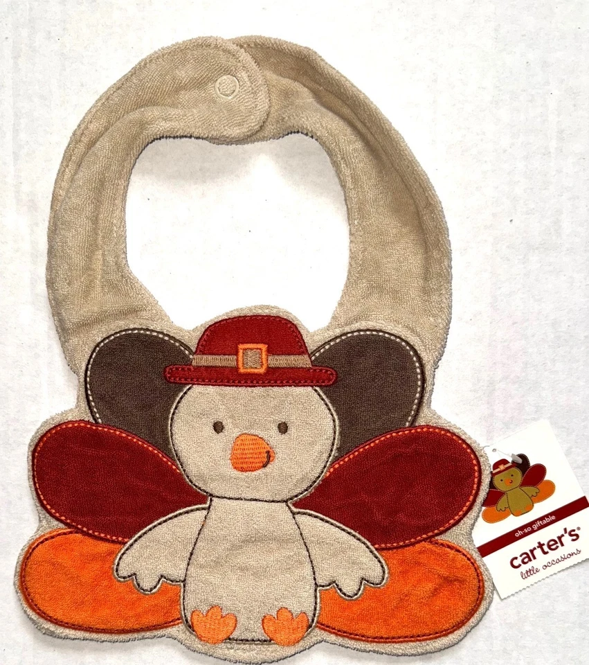 CARTERS thick terry bib tan/brown TURKEY motif med size - Image 1 of 1