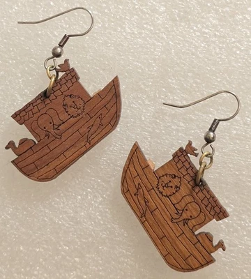 Vintage Artisan Made Carved Wood Figural Noah's Ark Drop Dangle Pierced Earrings - Image 1 of 4