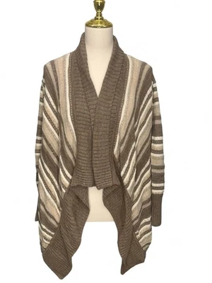 Cárdigan tejido malabares Liz Claiborne para mujer marrón beige a rayas frente abierto talla L Foto 1 de 4