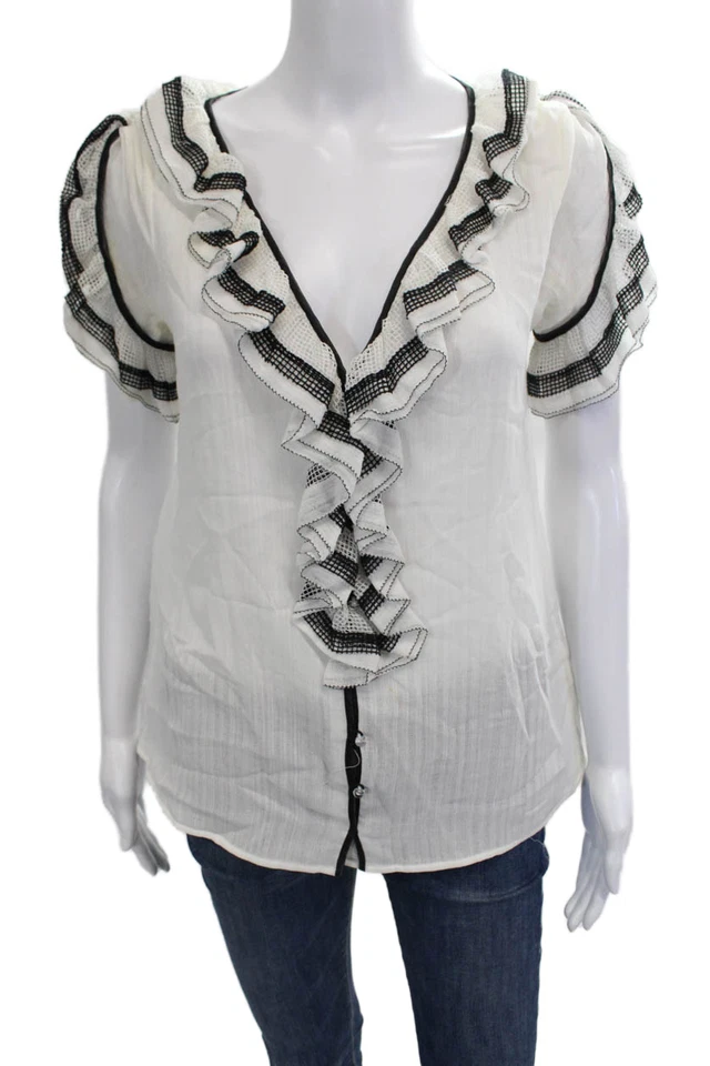 Женская белая хлопковая блузка с v-образным вырезом на пуговицах с коротким рукавом Zac Posen размер 6 - Изображение 1 из 4