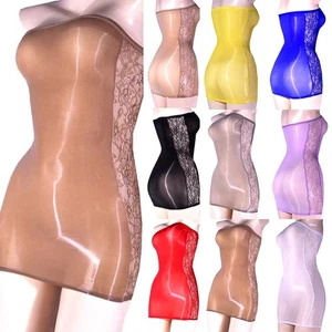 Mini Dress Sheer Top Women Bodycon Dress Tube Glossy Nylon Lightweight - Picture 1 of 21