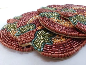 4 POSAVASOS CALABAZA CON CUENTAS NARANJA Y MARRÓN Otoño, Acción de Gracias INDIA 4.5" X 5" - Imagen 1 de 5