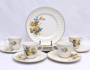 Ridgway Ironstone 5 Dinner Plates Tea Set Favourite Rose Yellow Floral Swirl Rim - Picture 1 of 16