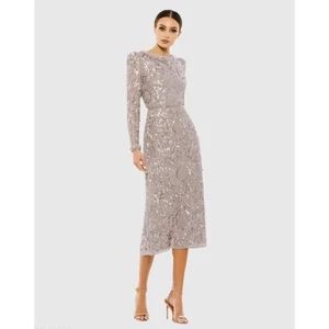 Neu mit Etikett Mac Duggal verziertes hochgeschlossenes Midi-Etuikleid mit Puffärmeln – Größe 6 - Bild 1 von 12