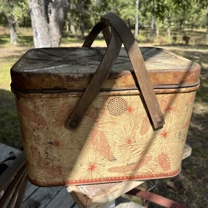 Vintage Metal Tin Picnic Basket With Wood Handles - Picture 1 of 11