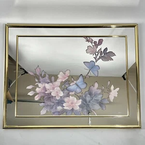 VTG Etched Inlay 80s Marsel Mirror Floral Butterflies Pink Purple Framed 28x22” - Picture 1 of 9