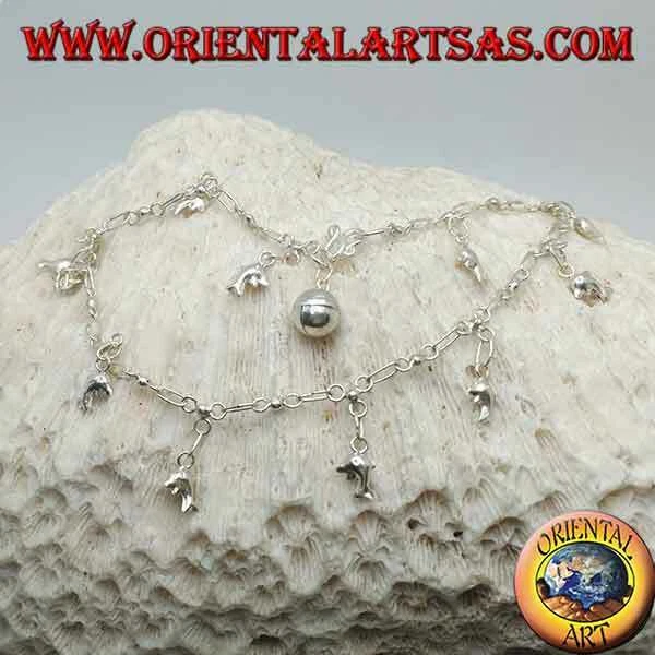 Cavigliera in Argento 925‰ con delfini pendenti e un campanellino - Immagine 1 di 1