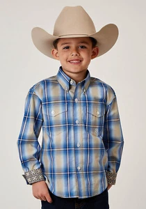 Roper Kids Boys 1942 Chicory Ombre Blue 100% Cotton Btn L/S Shirt - Picture 1 of 4