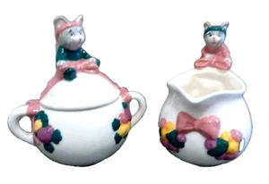 VTG Applause Christmas Naughty n Nice Ceramic Mice Sugar & Creamer Box Set Pink - Picture 1 of 12