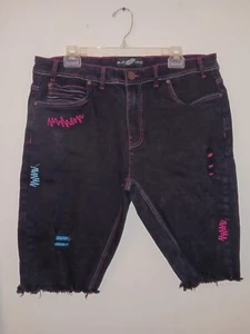 Blac Leaf Shorts Mens 36 Stretch Denim Blk Distressed Pink/Blue Embroidery  - Picture 1 of 14