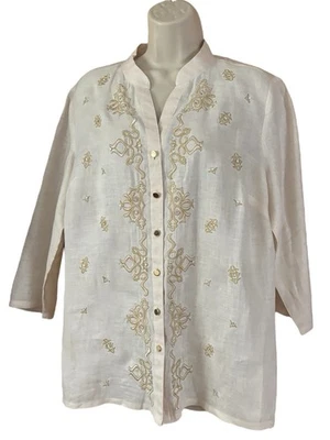 JM Women's Beige Embroidered Gold Thread Rhinestone Linen Blouse Size 8 - Image 1 of 4