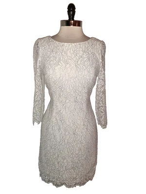 ADRIANNA PAPELL Size 8 Sheath Dress White Silver Floral Lace 3/4 Sleeve - Image 1 of 4