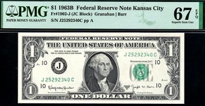 1963b 1902-J $1 Kansas City BARR Federal Reserve Note • Super Gem UNC PMG 67 EPQ - Picture 1 of 2
