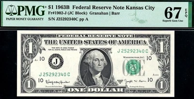 1963b 1902-J $1 Kansas City BARR Federal Reserve Note • Super Gem UNC PMG 67 EPQ - Image 1 of 2