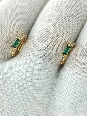 Green Baguette Stone & CZ 925 Yellow Goldtone Huggie Small Hoop Earrings Pierced - Image 1 of 4