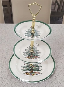SPODE Christmas Tree Three Tiered Server Made in England Vintage w/Original Box - Picture 1 of 15