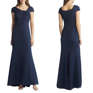NEW ELIZA J Navy WRAP Twist Neckline SCUBA CREPE Trumpet GOWN 12 - Picture 1 of 12