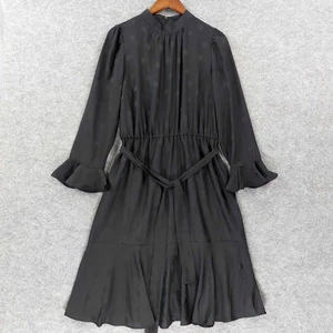 Vestido Ann Taylor Mujer 12 Negro Lunares Manga Larga Cinturón Midi Forrado Línea A - Imagen 1 de 12