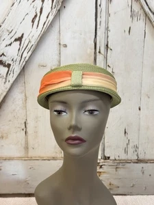 Cappello paglia verde vintage anni '50 bordo nastro arancione pesca classico metà secolo - Foto 1 di 5
